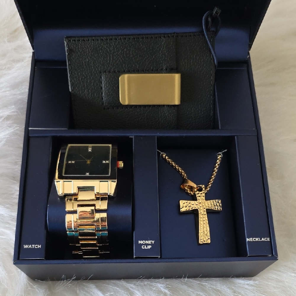 Gold and Black Watch and Necklace Set